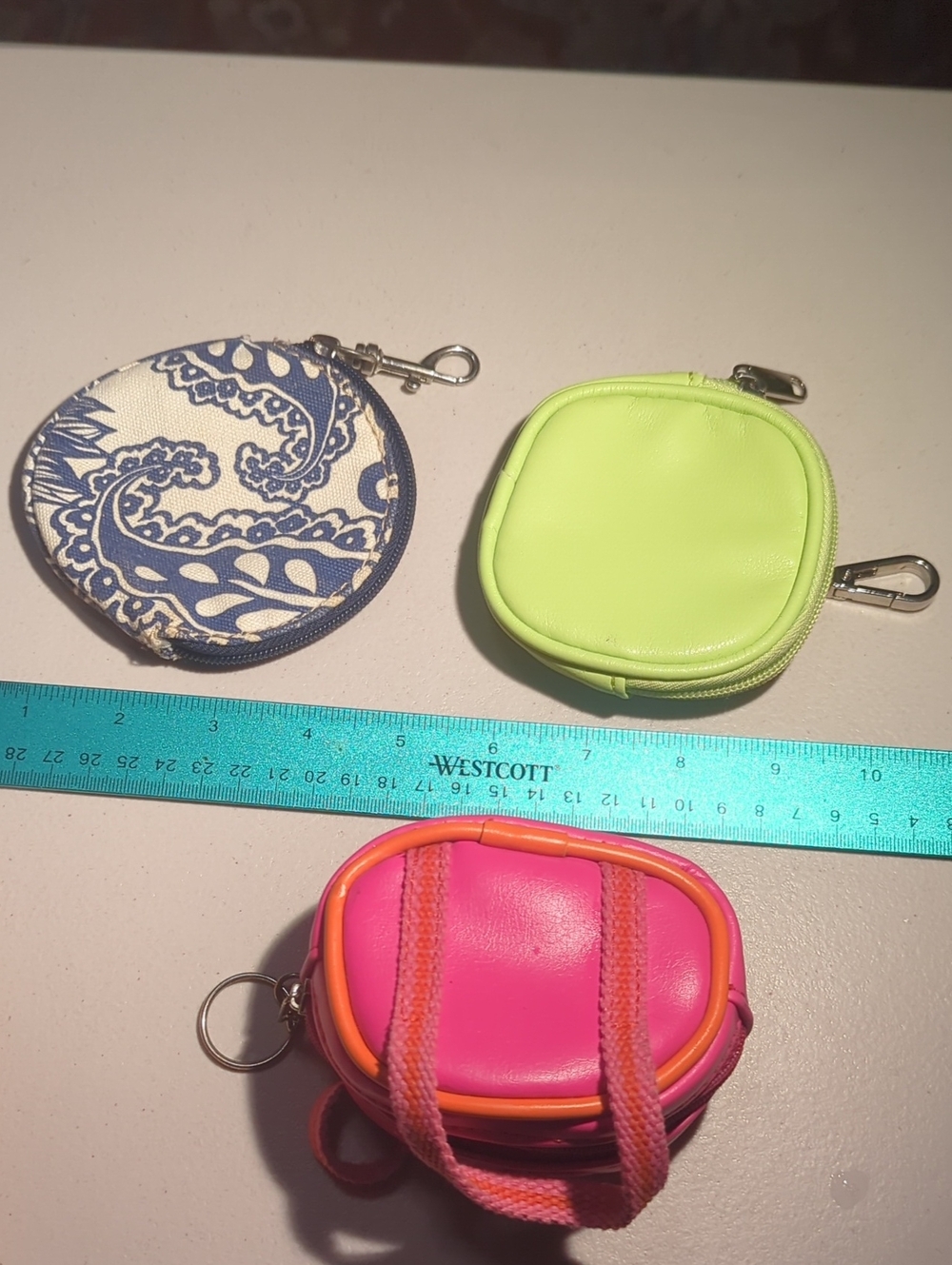 Set of 3 Keychain Coin Pouches - Blue Paisley, Neon Lime, Hot Pink
